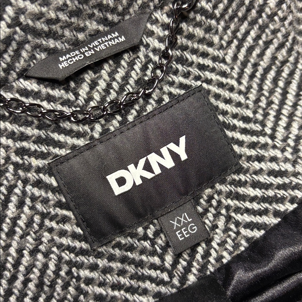 DKNY Women's Double Breasted Faux Wool Top Coat/Overcoat Grey/Black Herringbone - Picture 9 of 10